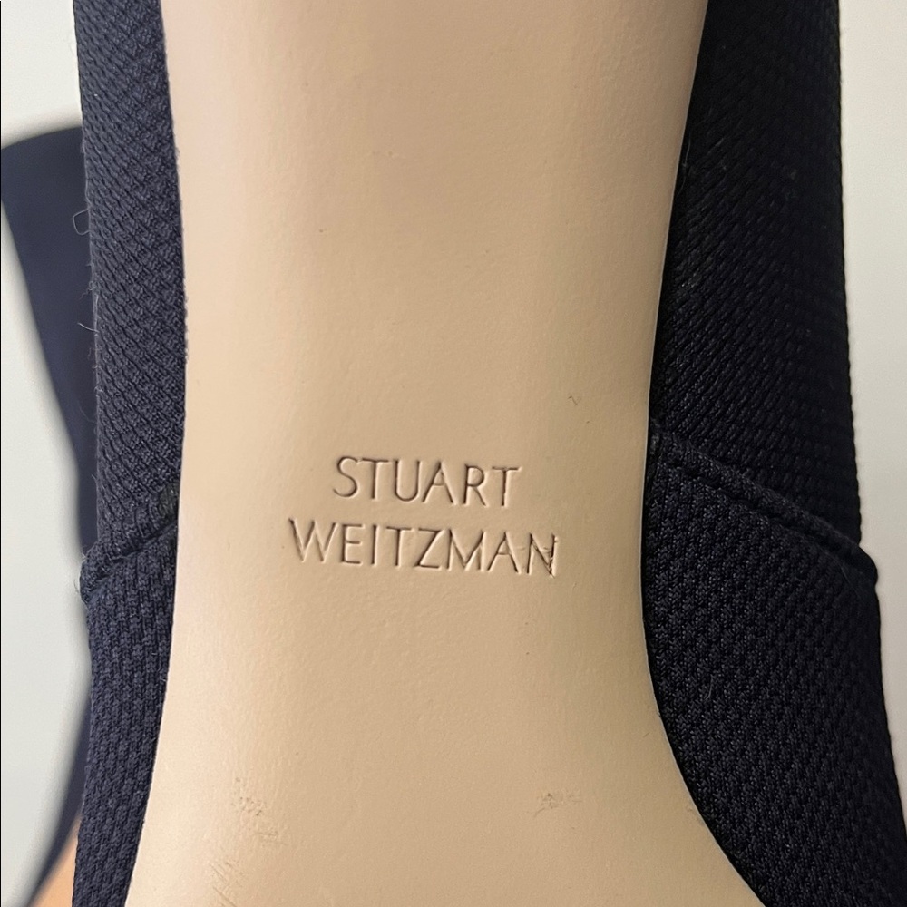 Stuart Weitzman Navy Stretch Sock / Knit Heeled Boots - Picture 2 of 6